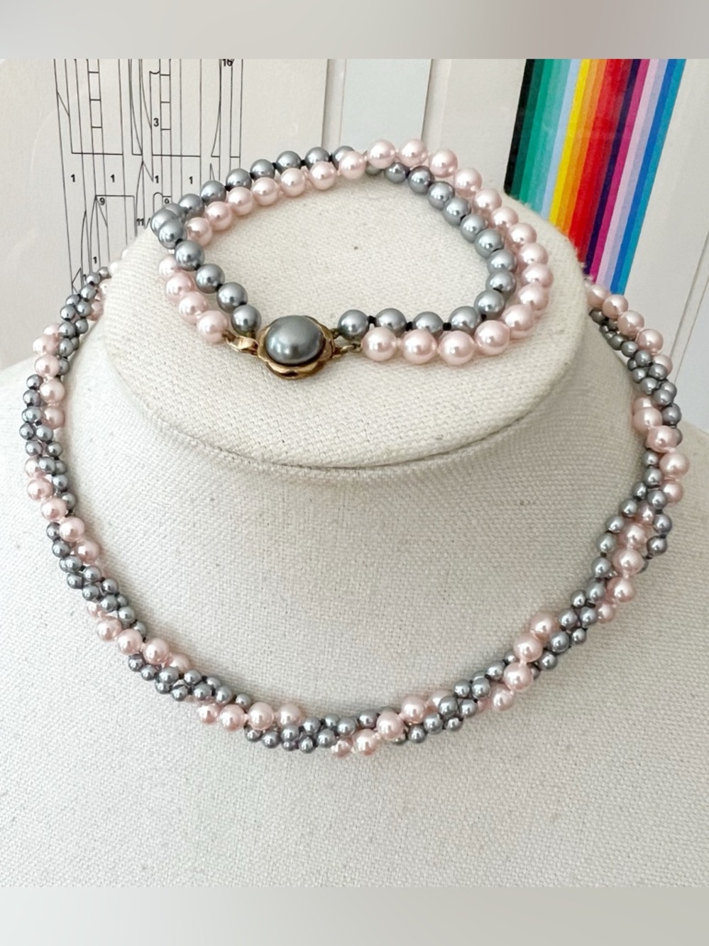 Grey & Pink Pearl Necklace & Bracelet Jewelry Set 925 Freshwater Pearls